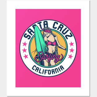 Retro Surfer Babe Badge Santa Cruz California Posters and Art